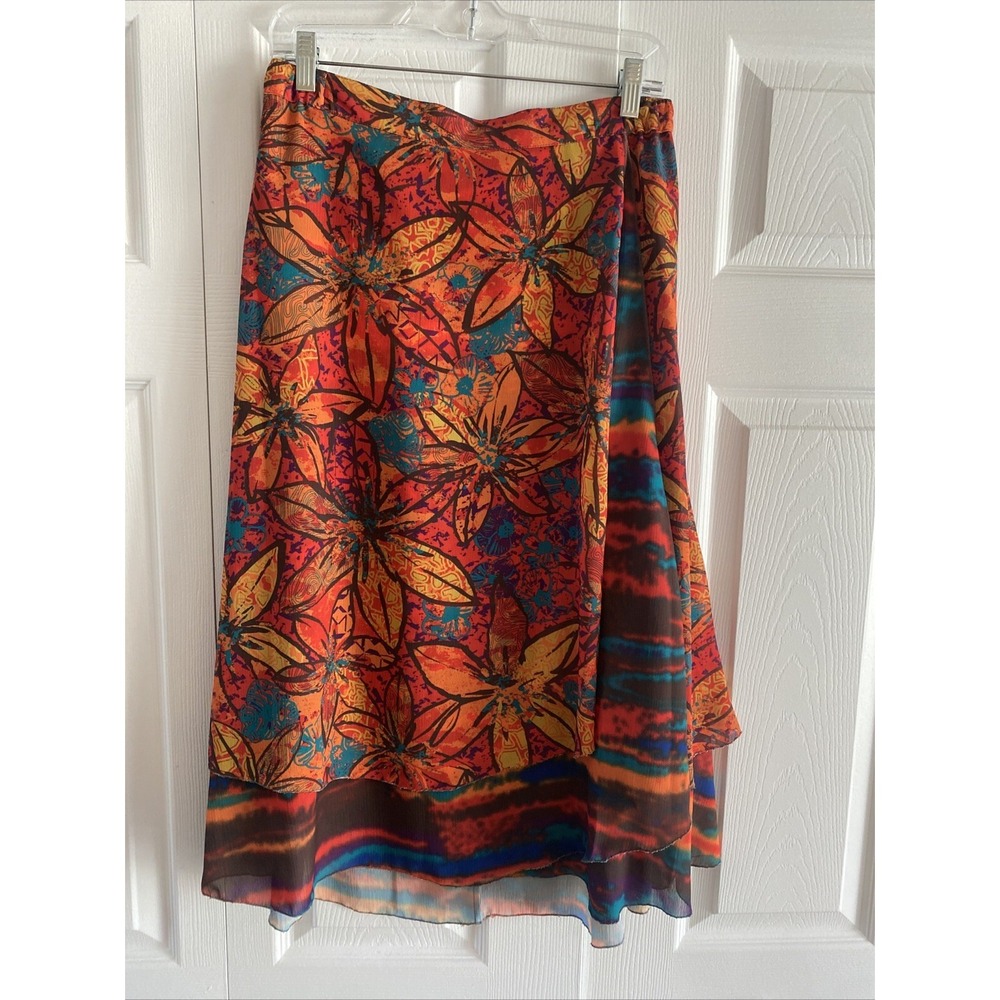 Multiple Floral Tie Dye Layered‎ Midi Skirt Womens Size 2 Orange Boho Tropical